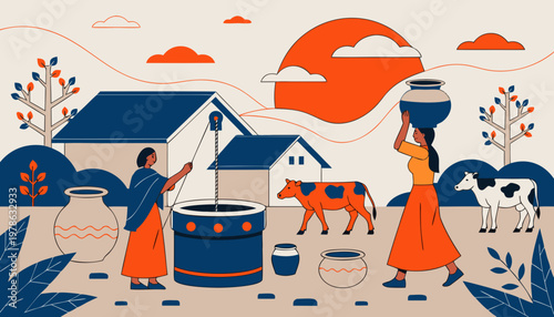 Two women collecting water from a well in a rural village setting