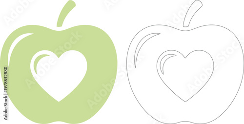 Green apple with heart shape outline and solid fill