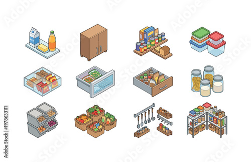 Fridge storage shelf, pantry storage cabinet, kitchen shelf with groceries, storage containers set, food organizer boxes, freezer