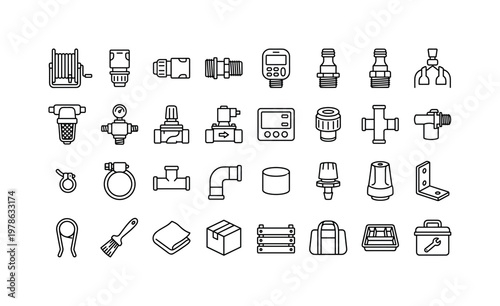 Irrigation accessories with hose reels, connectors, timers, filters, clamps, and maintenance tools clean monoline outline icon set