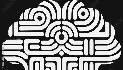 Stylized white maze design on black background forming a brain shape with intricate patterns and swirls creating a unique visual puzzle
