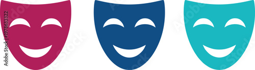 Theatrical comedy mask vector illustration with magenta, blue, and teal smiling expressions for performance art design