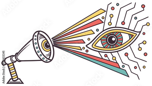 Colorful illustration of a spotlight shining on a futuristic eye with circuit board patterns and vibrant lines emanating from it, representing vision and technology.