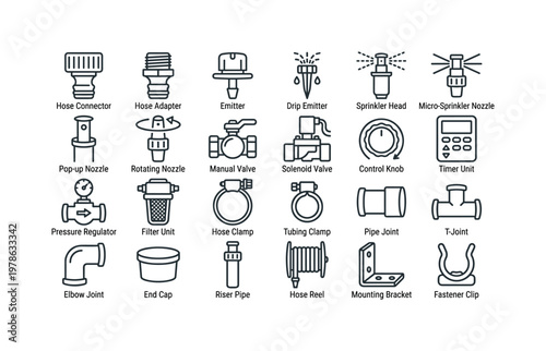 Irrigation system parts with valves, connectors, emitters, hoses, nozzles, and structural components clean monoline outline icon