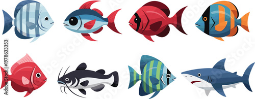 Colorful Tropical Fish Illustration Set with Marine Aquarium Species Collection for Ocean, Sea Life, Underwater Wildlife, and Aquatic Design Projects