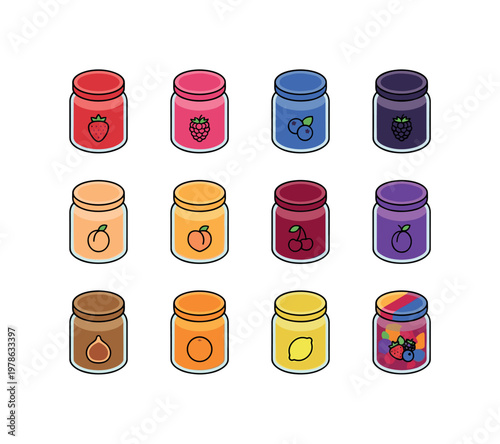 Collection of twelve colorful jars filled with various fruit preserves and jams