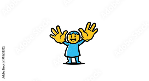 Smiling cartoon character with hands up.
