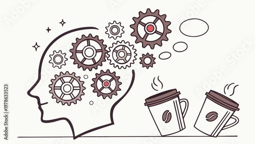 Creative thinking and problem solving concept with gears in head and coffee cups