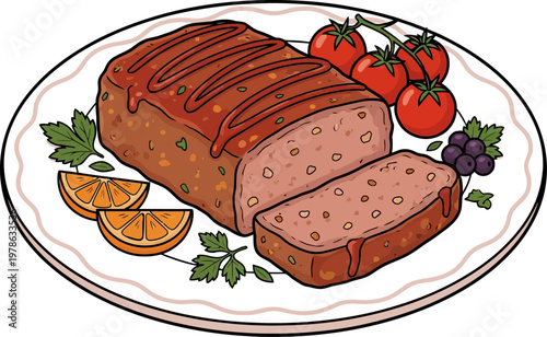 meatloaf and vegetables with sausages served as a fresh gourmet meal with salad and bread