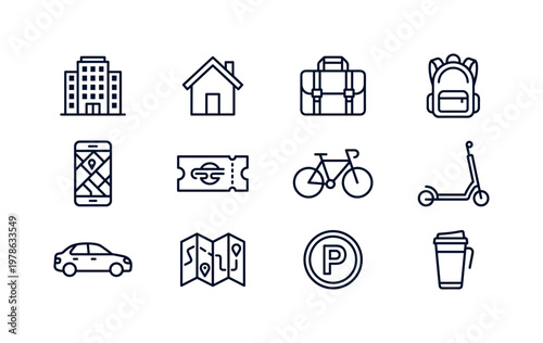 Commuting and mobility with office building, home house, laptop bag, backpack, smartphone, public transport ticket, bicycle,