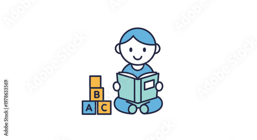 Smiling child with book and blocks.