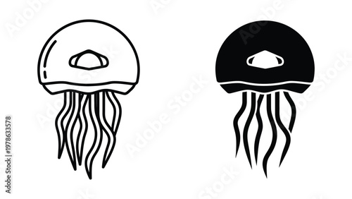 Contrasting depictions of a jellyfish in black and white versus solid black