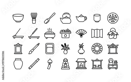 Japanese garden decor and ritual items with tea ceremony objects, ornaments and cultural elements clean monoline outline icon set