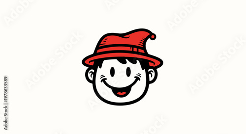 Smiling cartoon man wearing red hat.