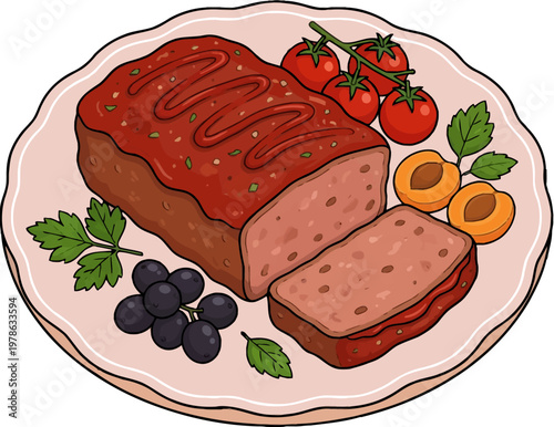 A fresh salami and meatloaf with cheese, tomato, and greens served on a plate as a hearty meal