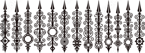 Wrought iron spearhead vector illustration with ornate decorative fence designsWrought iron spearhead vector illustration with ornate decorative fence designs