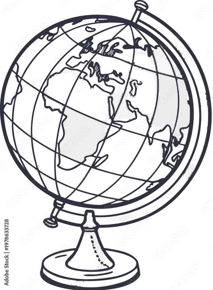 Obraz premium Terrestrial globe isolated. Isolated antique-style desk globe, geographical sphere on gold metal stand, world map display.