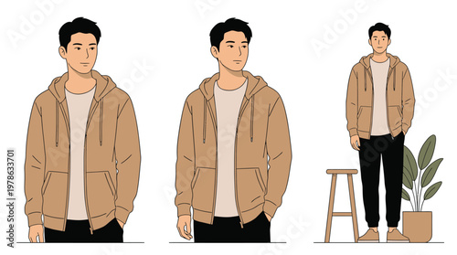 Young Man in Casual Outfit with Indoor Plant.