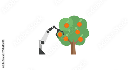 Robot arm picking oranges from tree.
