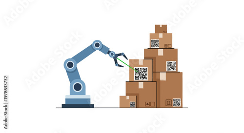 Robot arm scanning cardboard boxes.