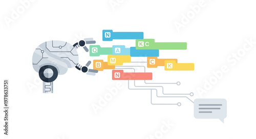 Robot arm with colorful data flow.