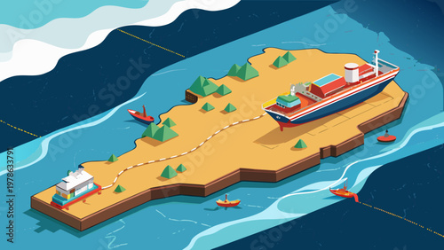 Cargo ship docks at a port on an island with a train and boats transporting goods