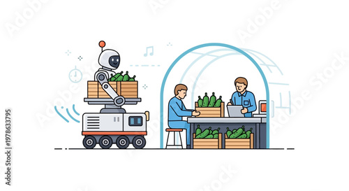 Robot delivering fresh produce to workers.