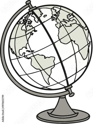 Terrestrial globe isolated. Isolated antique-style desk globe, geographical sphere on gold metal stand, world map display.