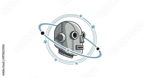 Robot head with metallic gray surface.