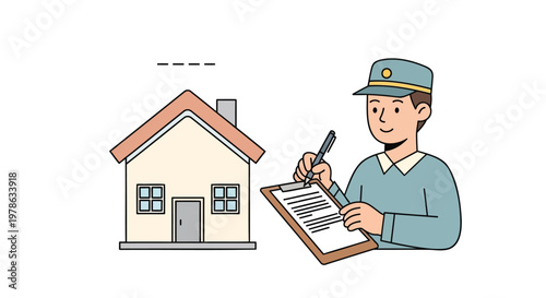 Delivery man with clipboard, house, shipping and delivery icon, logistic and transportation symbol, modern line style