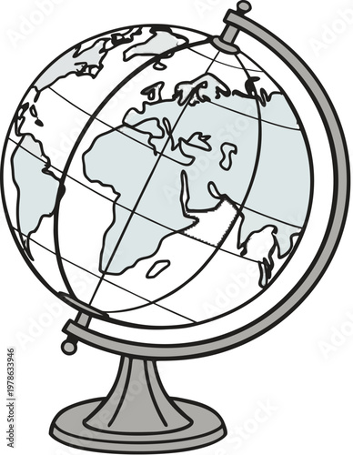 Terrestrial globe isolated. Isolated antique-style desk globe, geographical sphere on gold metal stand, world map display.