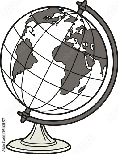 Terrestrial globe isolated. Isolated antique-style desk globe, geographical sphere on gold metal stand, world map display.