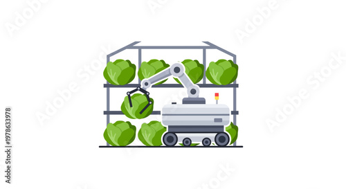 Robot in greenhouse with green plants.