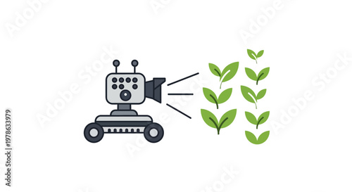 Robot inspecting green plant leaves closely.