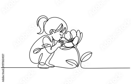 Continuous line art drawing of a young girl gently smelling a beautiful flower.