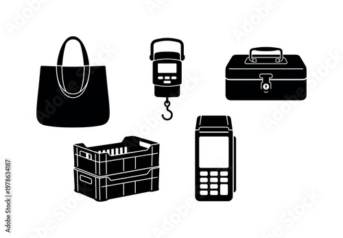 Market accessories including shopping bag tote, portable weighing scale, cash box container, handheld payment device, stackable