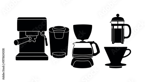 Espresso machine front view with group head, compact single serve coffee maker unit, drip coffee maker glass carafe base, French