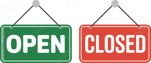 Open closed sign set vector, collection of business door signs indicating open and closed status for shops stores cafes and retail signage design.