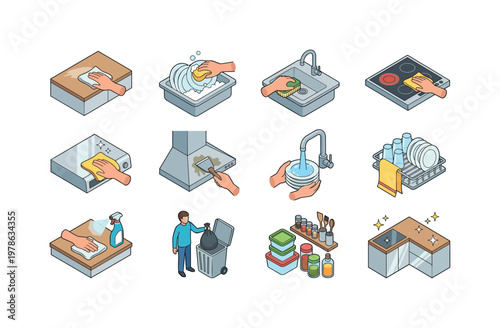 Wiping countertop icon, washing dishes icon, scrubbing sink icon, cleaning stovetop icon, polishing surface icon, removing grease