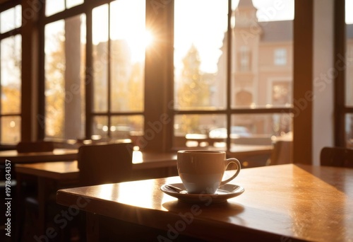 Coffee cup on a cafe table with morning sunlight