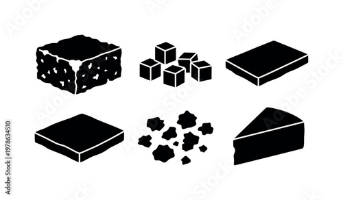 Feta cheese block crumbly texture shape, feta cubes small square pieces, feta slice flat rectangular form, crumbled feta scattered