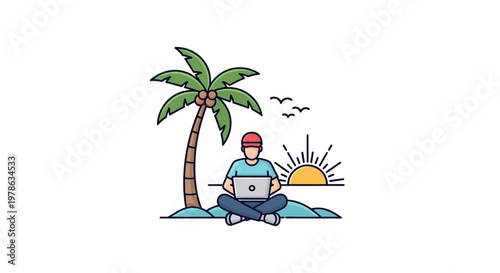 Man meditates on laptop beach vacation.