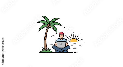 Man meditating on beach with laptop.