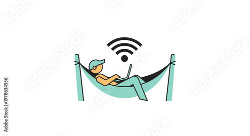 Man relaxing in a hammock with laptop.