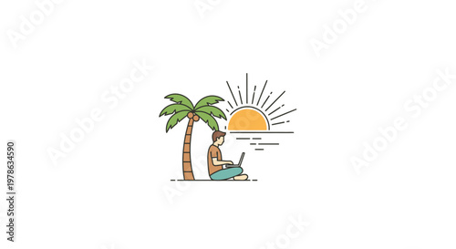 Man Relaxing Under Palm Trees Beach.