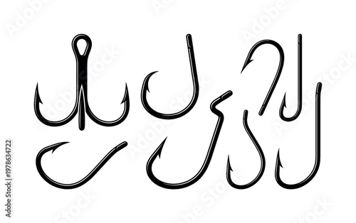 Fishing hooks various sizes curved shapes, treble hook triple prong form, circle hook rounded bend design, barbed hook sharp tip