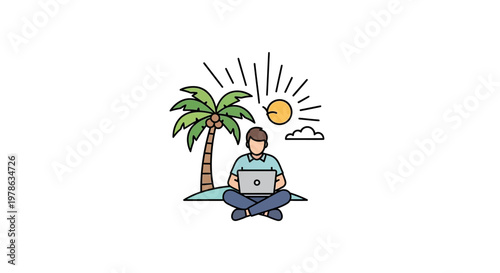 Man sitting with laptop on beach.