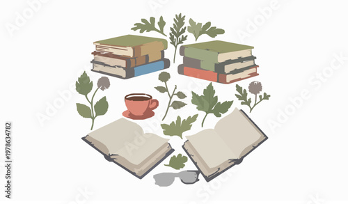Autumn reading scene vector with books tea glasses and herbarium in cozy decorative composition