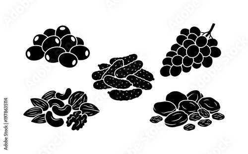 Accompaniments including olives pile, pickles small gherkins, grapes bunch cluster, nuts assortment pile, dried fruits mix, bold