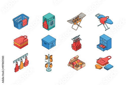 Colorful laundry and cleaning icons for household chores and organization